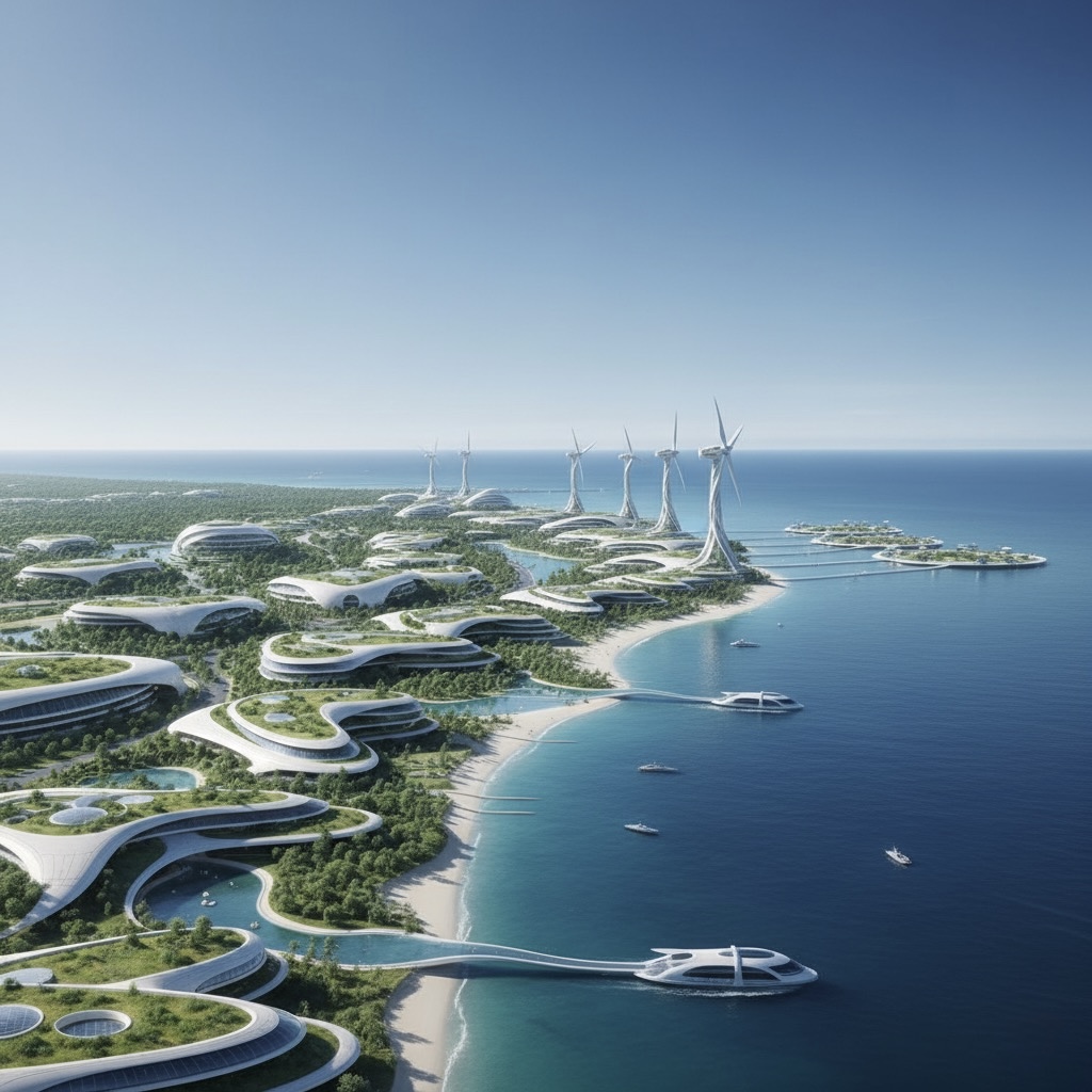 Futuristic city skyline with sustainable architecture