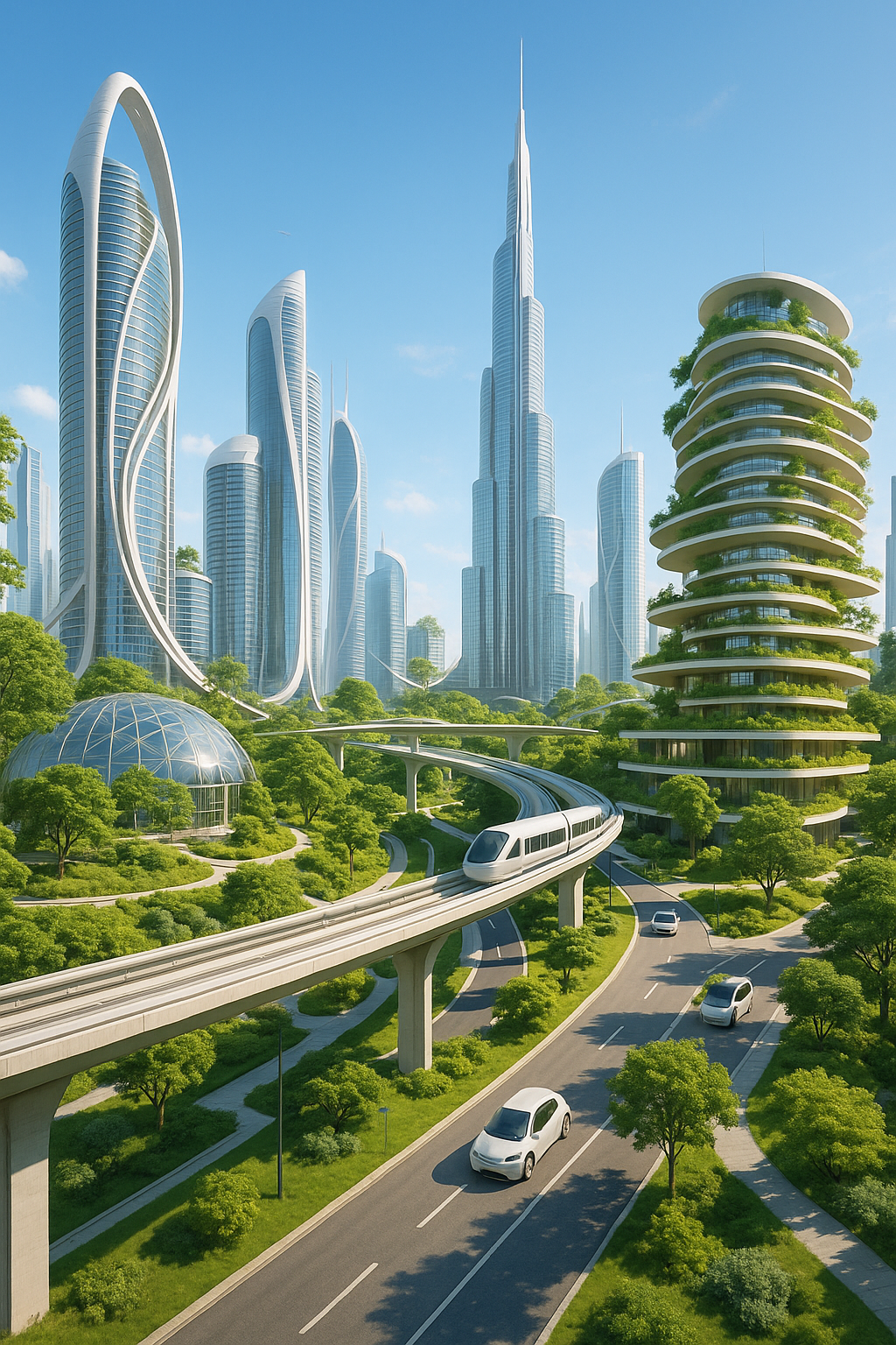 Futuristic city skyline with sustainable architecture